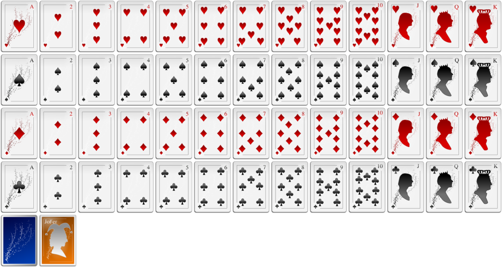 A deck of cards laid out in order